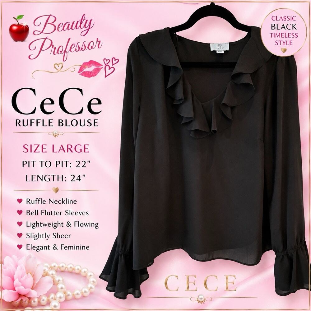 💞 CeCe Black Ruffle Blouse Women’s Large Bell Flutter Sleeve Sheer Dressy Top